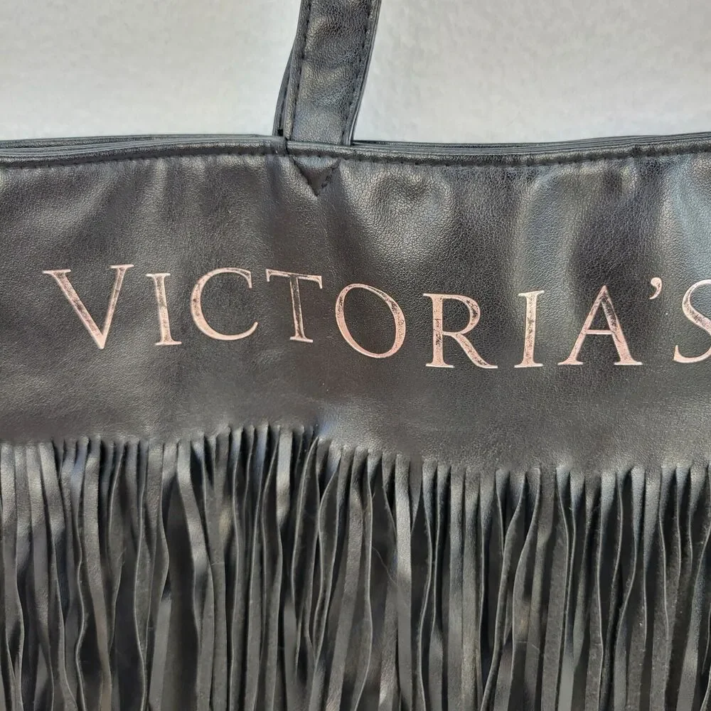 Victorias Secret Womens Black Faux Leather Flirty Fringe Tote Shoulder Bag